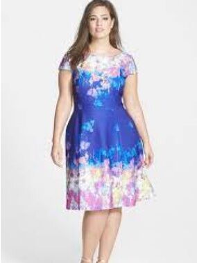 Adrianna Papell Blue Multicolor Floral Paint-Splash Midi Dress
